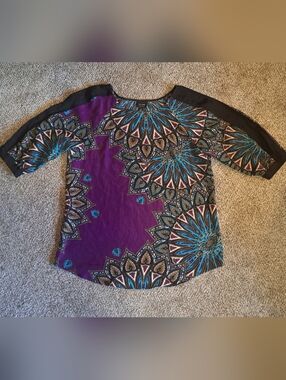 Nicole By Nicole Purple Geometric Medallion 3/4 Sleeve Top Women's Size Large